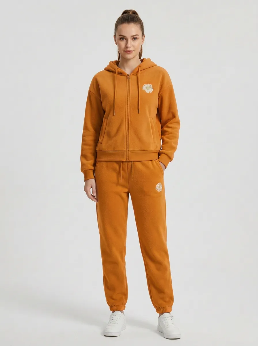 Women's Daisy Embroidered Zip-Up Hoodie And Tapered Jogger Set