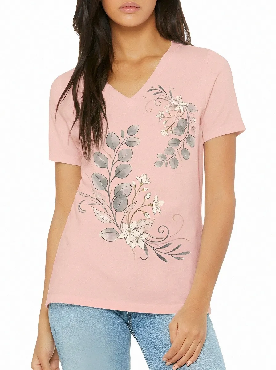 Women's Botanical Floral Eucalyptus Watercolor Printed V-neck T-shirt