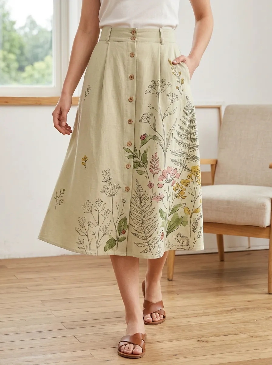 Women's Botanical Garden Mouse Floral Printed Midi Skirt
