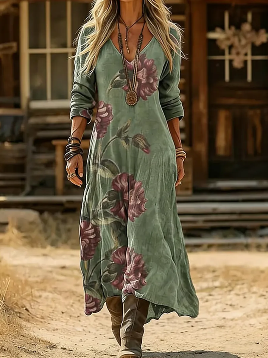 Women's Casual Retro Floral Long-Sleeved Cotton Linen Dress