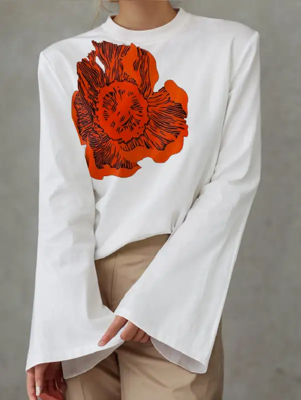 Flared Sleeve Long Sleeve Floral Print Round Neck T-Shirt