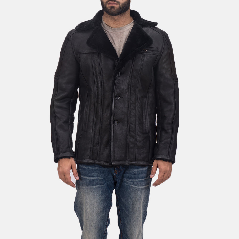 Men's Leather Fur Trim Shearling Coat