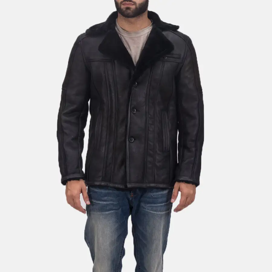 Men's Leather Fur Trim Shearling Coat