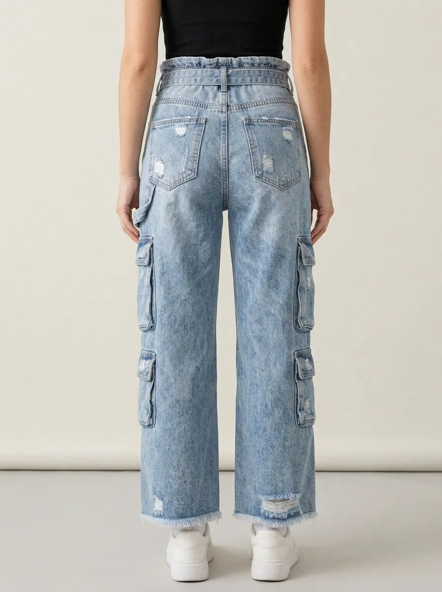 Women's High-Waisted Distressed Cargo Tie-Waist Denim Pants