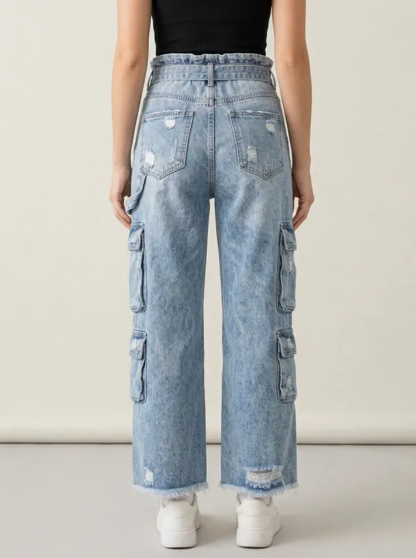 Women's High-Waisted Distressed Cargo Tie-Waist Denim Pants