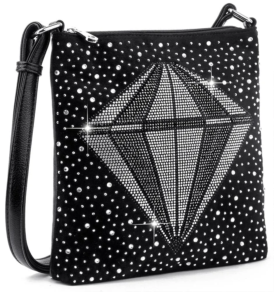 Flexible Detail Crystal Accent Pocketed Faux Leather Crossbody Sling Bag