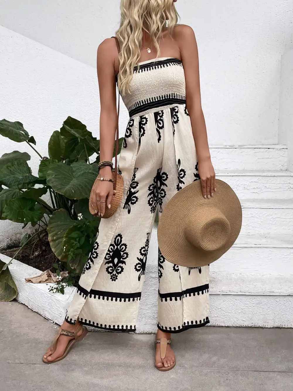 Smocked Printed Wide Leg Everyday Jumpsuit