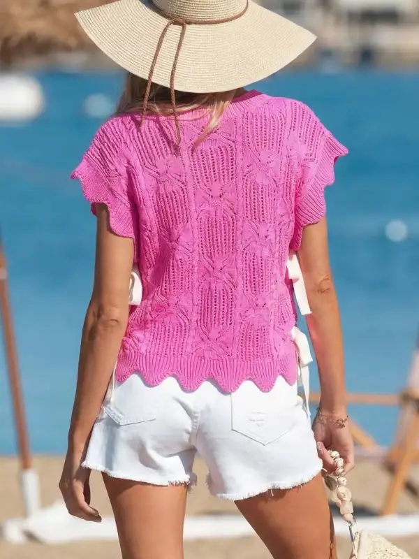 Side Tie Openwork Round Neck Sweater
