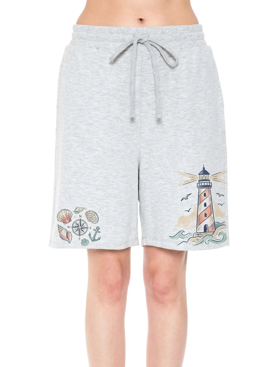 Women's Nautical Lover Lighthouse Seashell Compass Printed Shorts