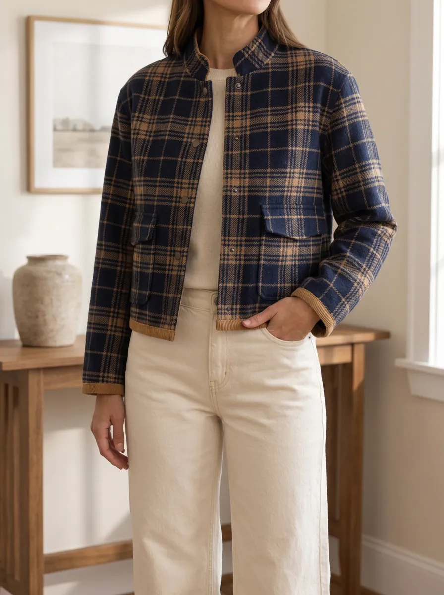 Women's Statement Plaid Stand Collar Cropped Jacket