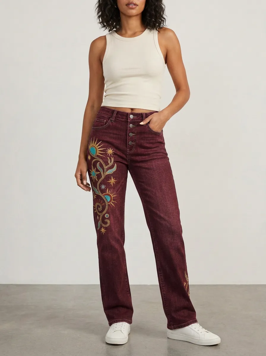 Women's Celestial Sun Star Embroidered Printed Straight Leg Jeans