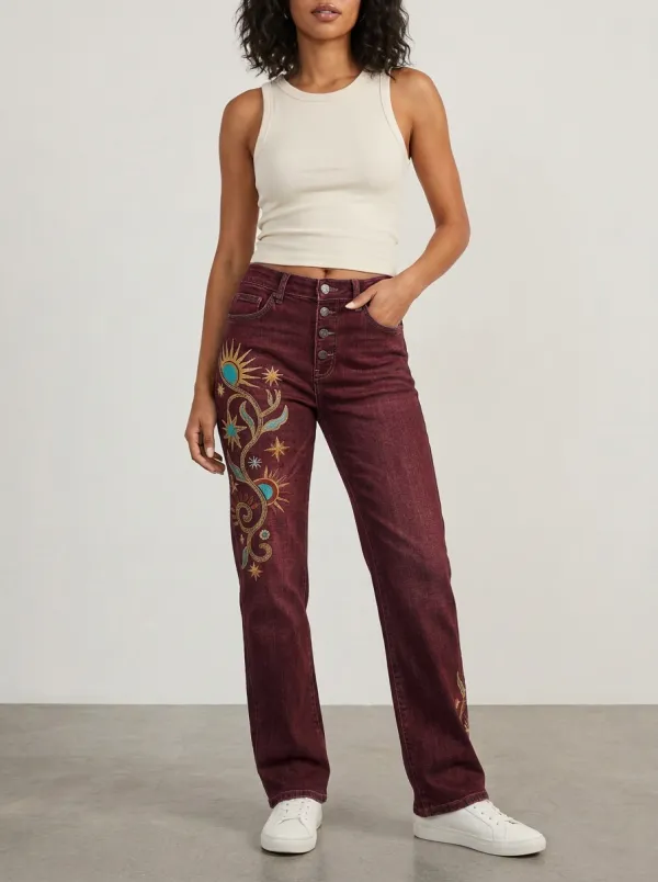 Women's Celestial Sun Star Embroidered Printed Straight Leg Jeans