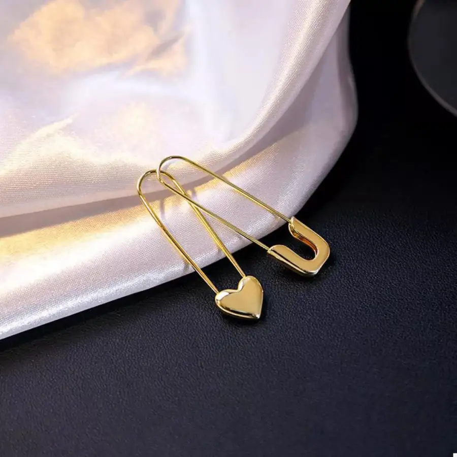 K Gold Plated Alloy Heart Safety Pin Drop Earrings