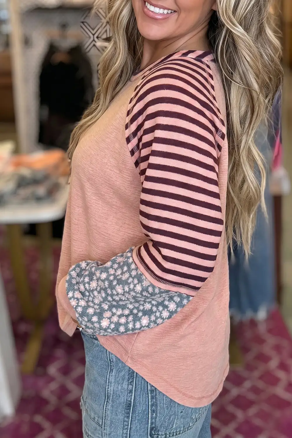 Floral Print V Neck Relaxed Cotton Blend Long Sleeve Top