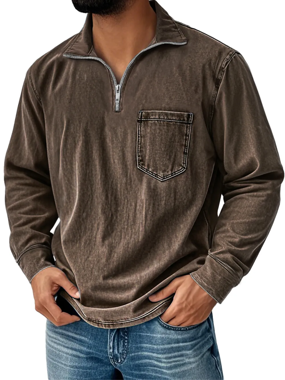 Garment Washed Zip Front Shirt