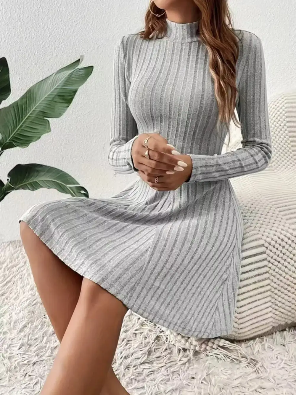 Ribbed Knit Mock Neck Mini Dress