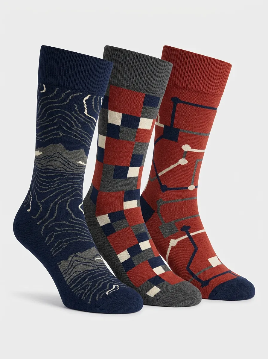 Men's Topographic Lines Map Lines Ribbed Crew Sock Set