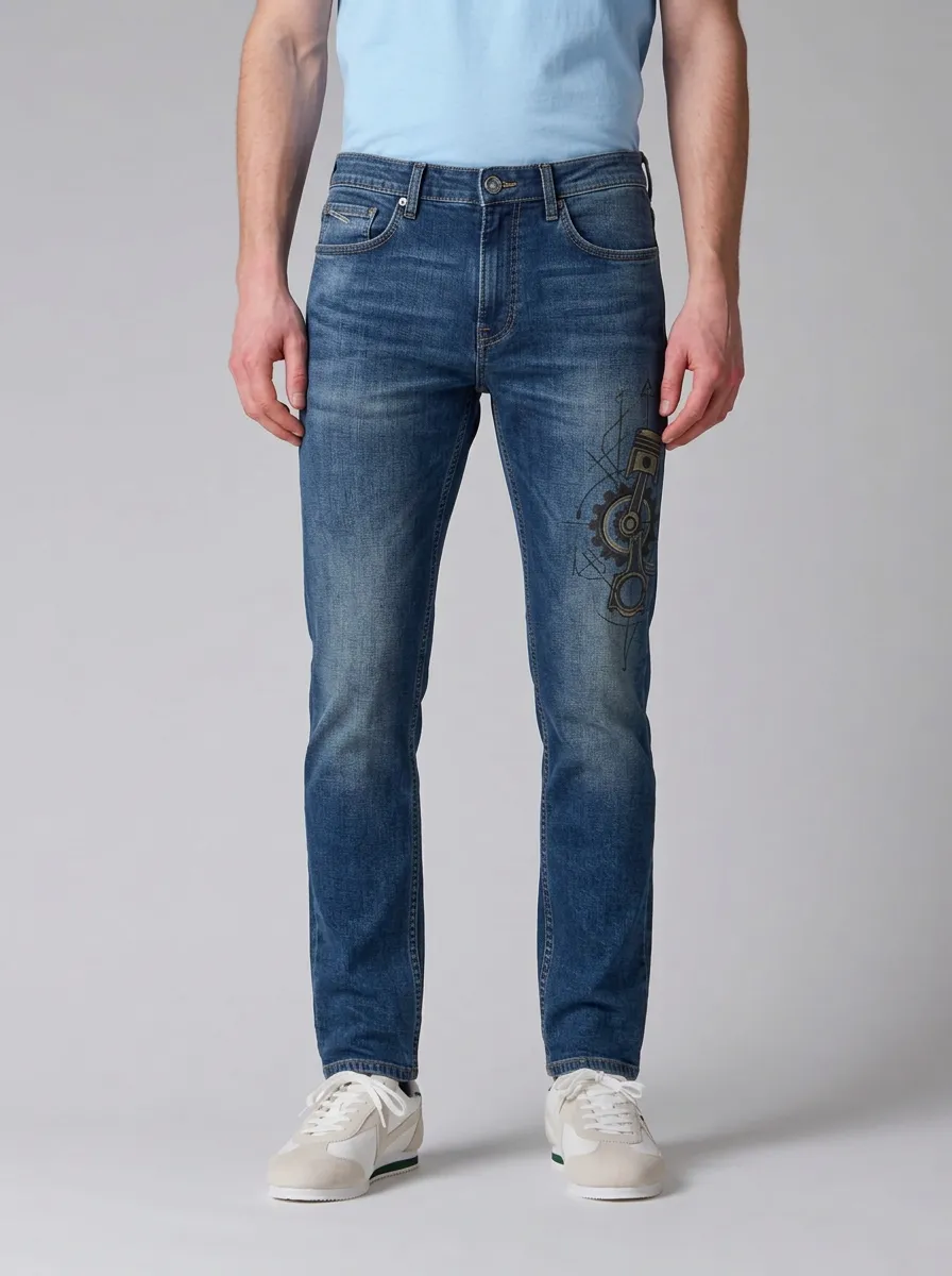 Men's Mid-Blue Mechanical Piston Gear Stretch Jeans