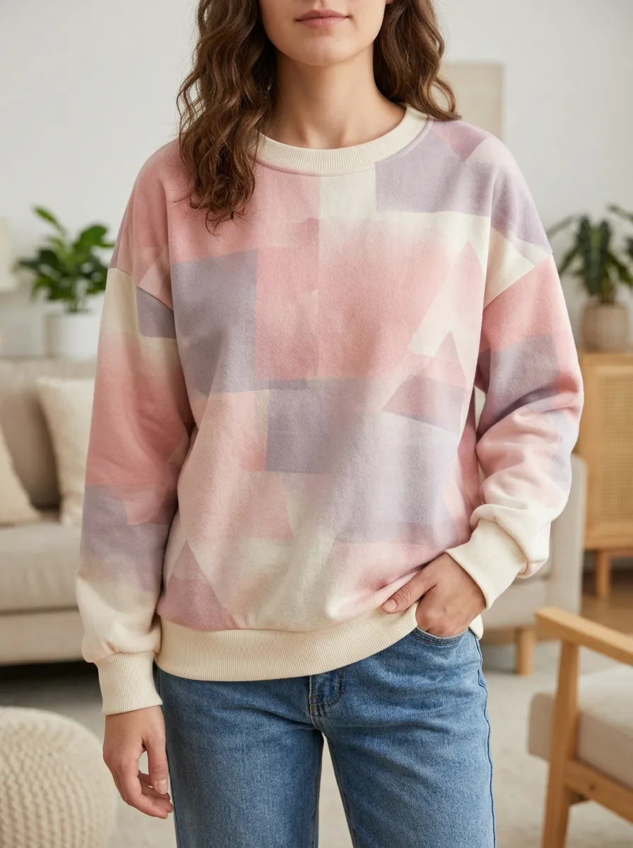 Women's Multicolor Geometric Print Crewneck Sweatshirt Ribbed Trim