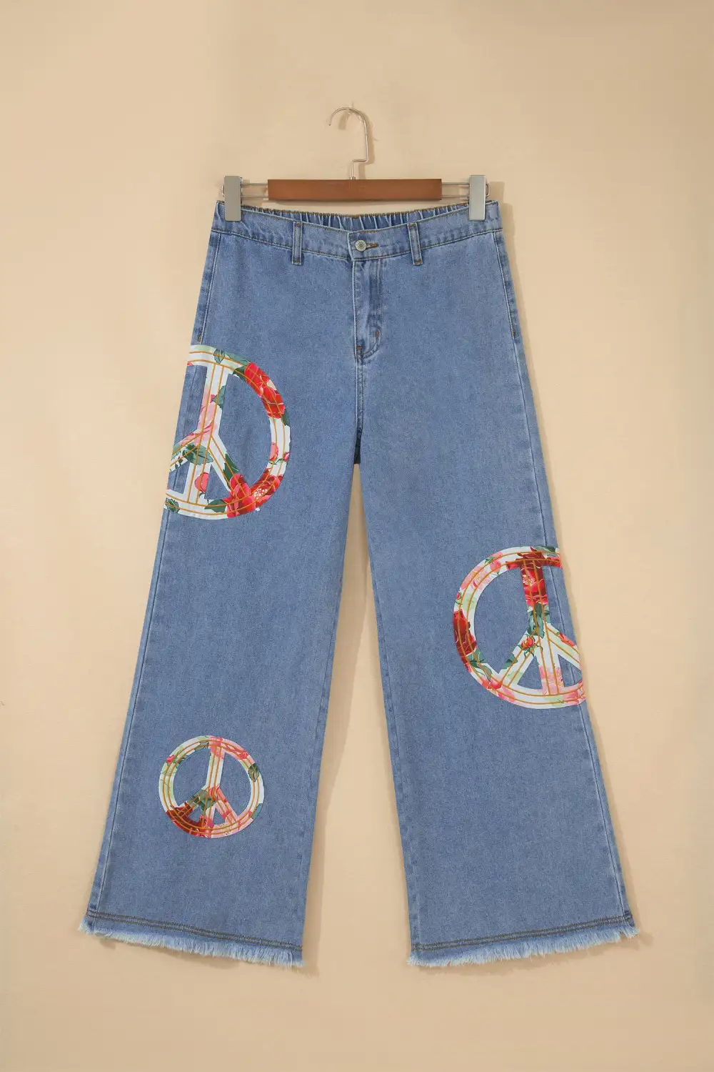 Women's Floral Peace Sign Embroidered Patch Wide Leg Jeans