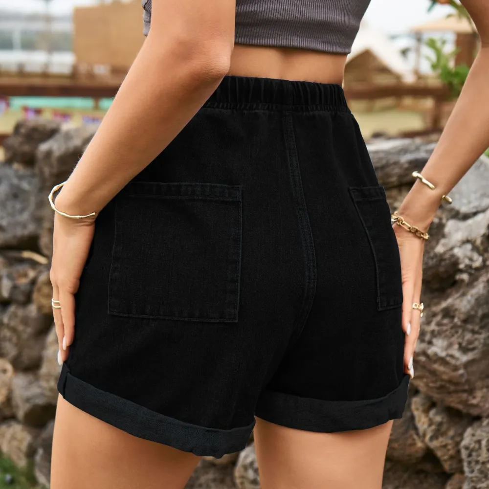 Casual Drawstring High Waist Denim Shorts with Pockets