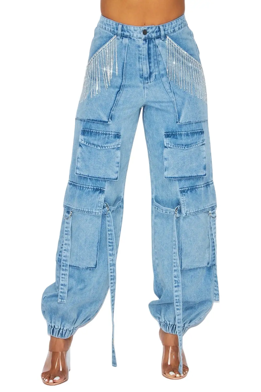 Women's Jogger Rhinestone Denim Cargo Pants