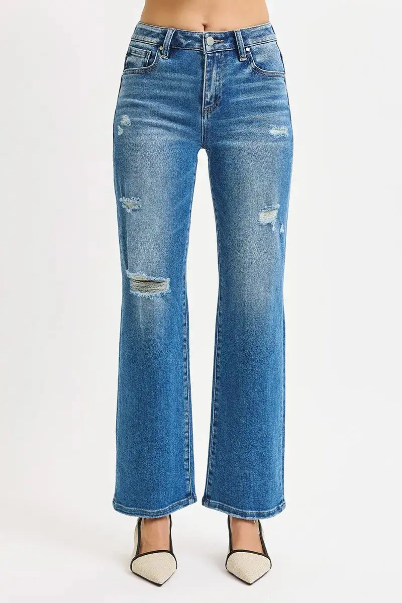 Balanced High Waist Straight Leg Distressed Denim Jeans
