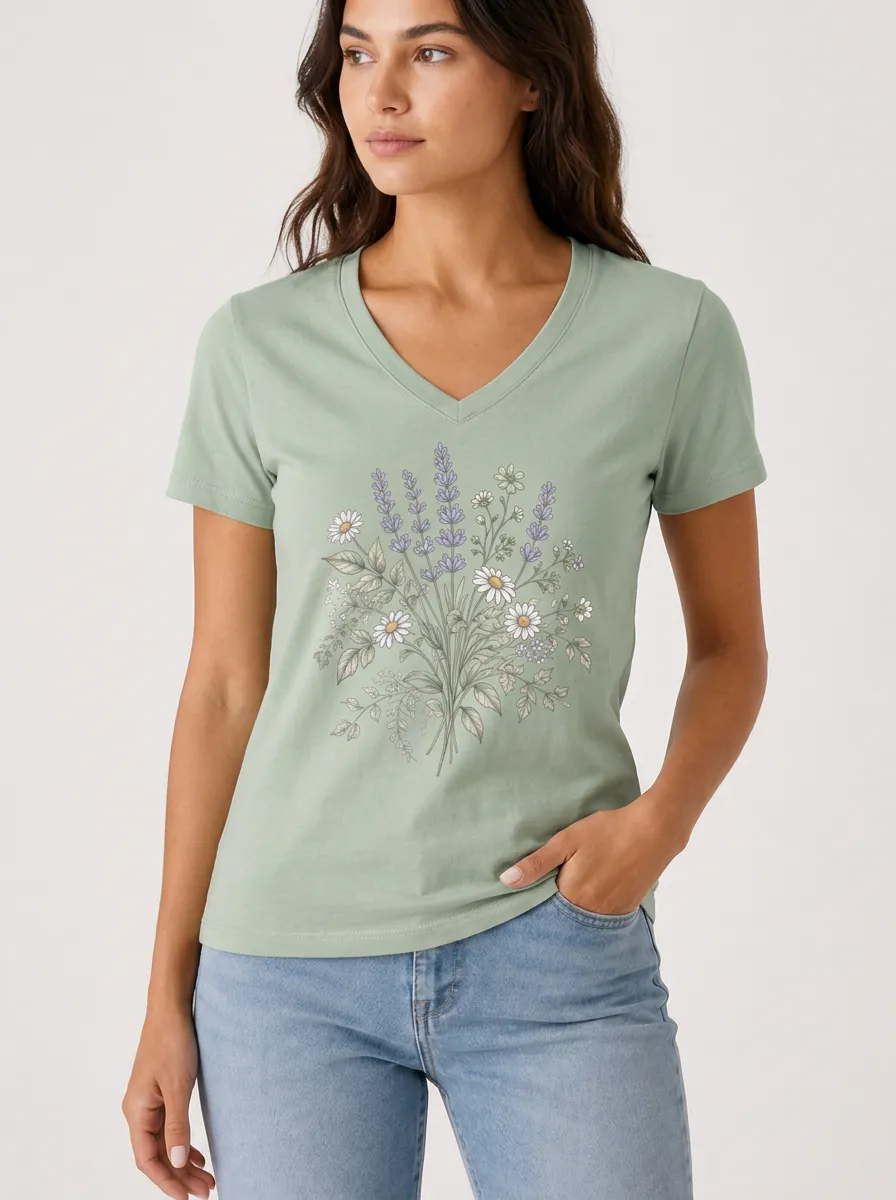 Women's Nature Lover Lavender Daisy Bouquet Printed V-Neck T-Shirt