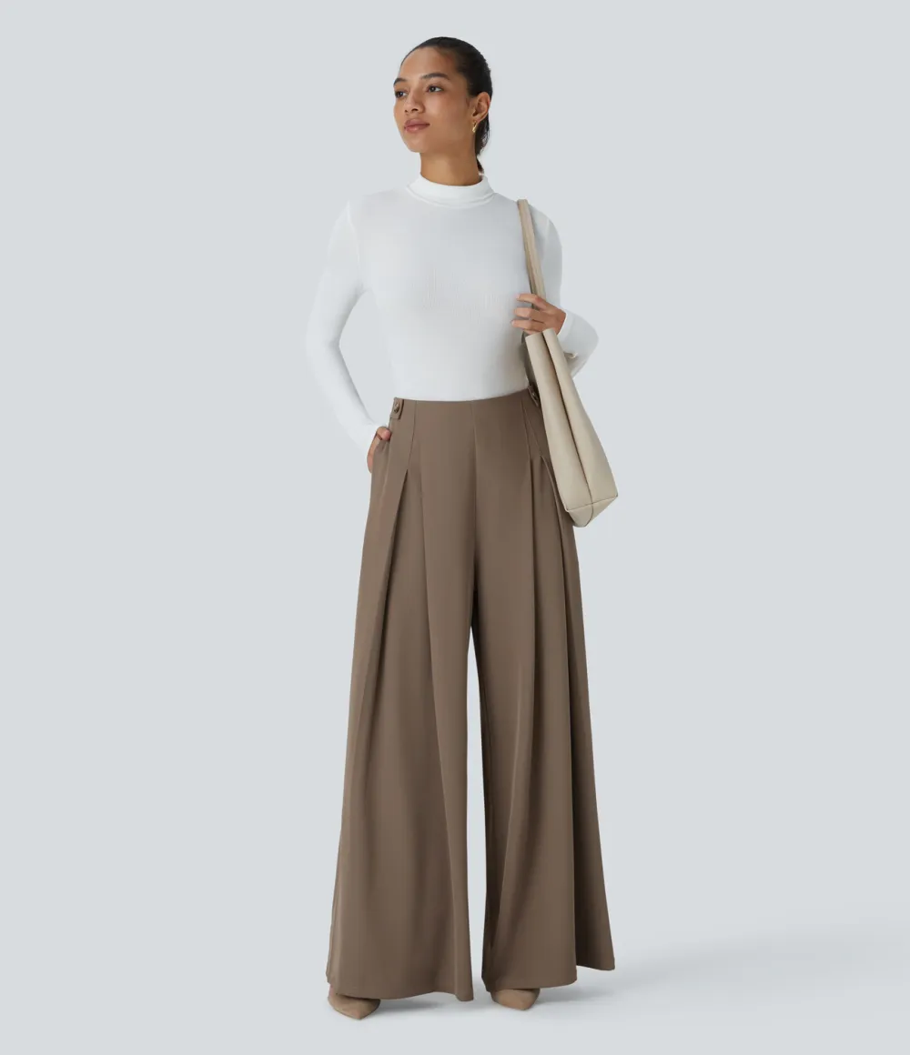 High Waisted Decorative Button Plicated Side Pocket Wide Leg Work Pants