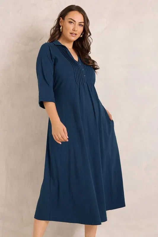 Navy Blue Cotton Henley Dress
