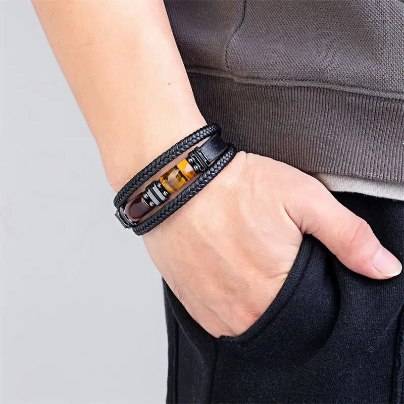 Tiger Eye Stone Willpower Multi Layer Leather Bracelet