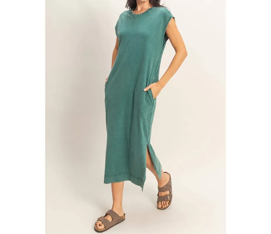 Chocolate Mineral-Wash Cap Sleeve Midi Dress