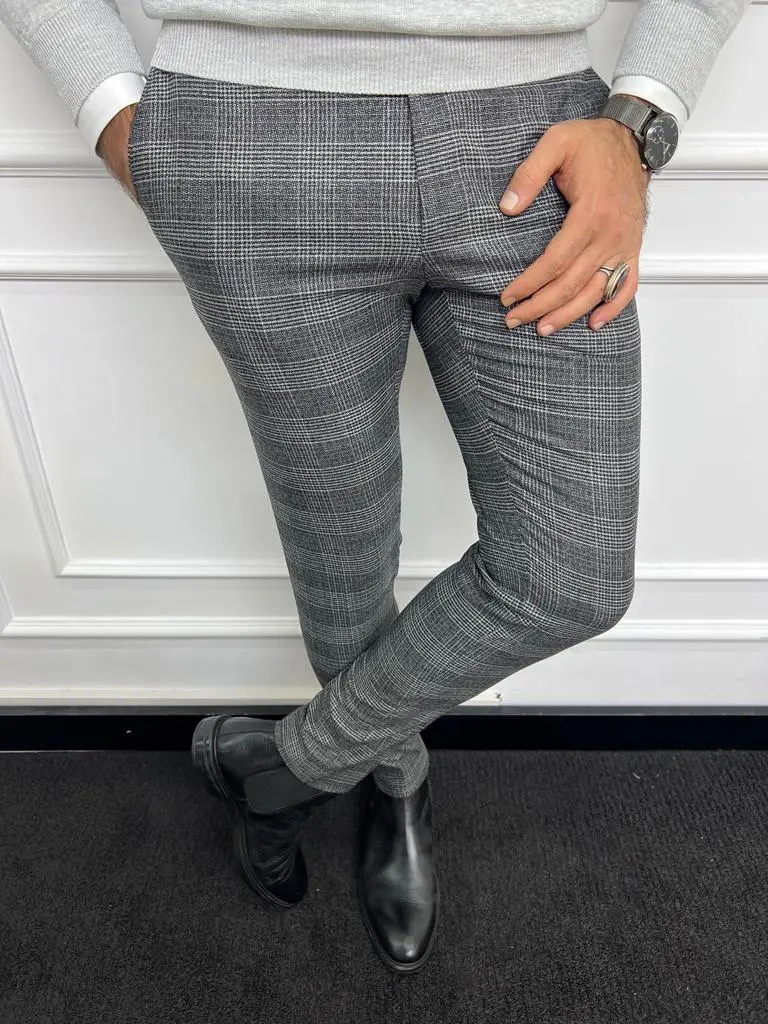 Slim Fit Striped Plaid Tailored Trousers