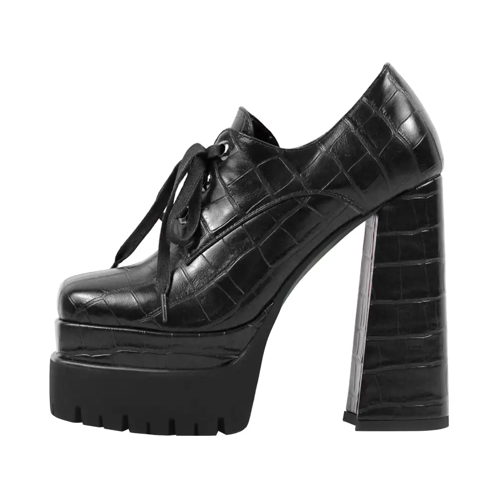 Lace Detail Square Toe Double Platform Chunky Heel Lace Up Pumps