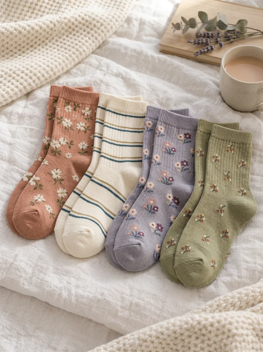 Women's Assorted Floral Ribbed Striped Vintage-Inspired Printed 4-Pack Crew Sock Set