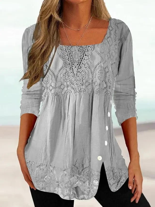 Women's Shirt Blouse Pink Dark Green Gray Plain Lace Long Sleeve
