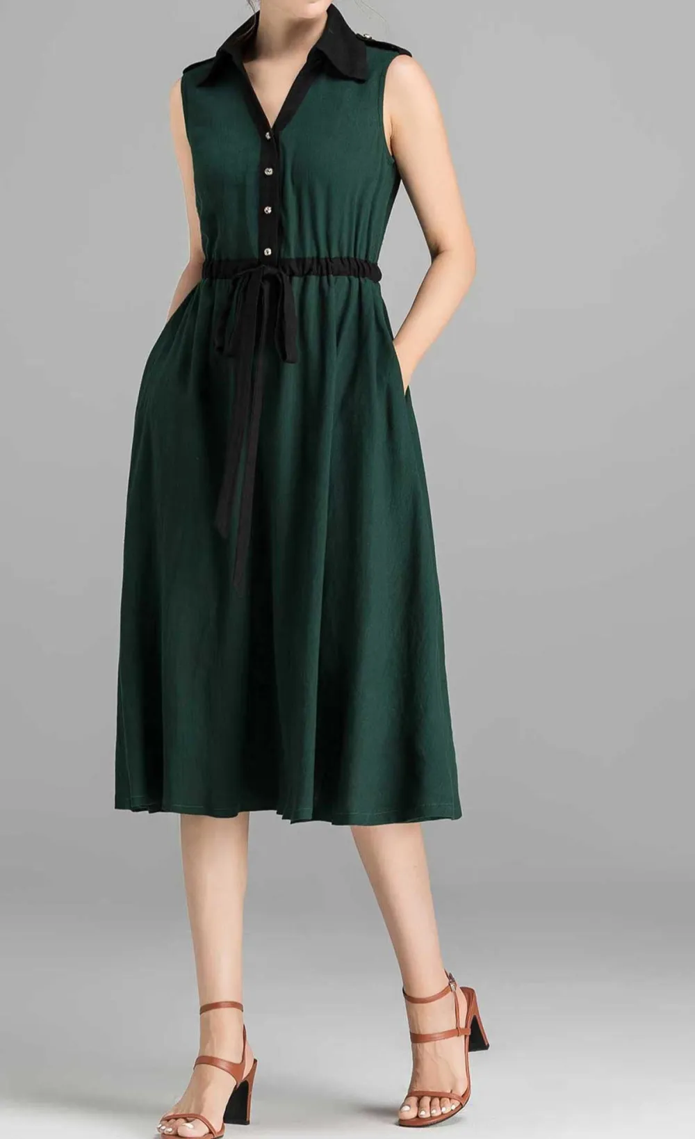 Linen Cotton A Line Shirt V Neck Sleeveless Midi Dress