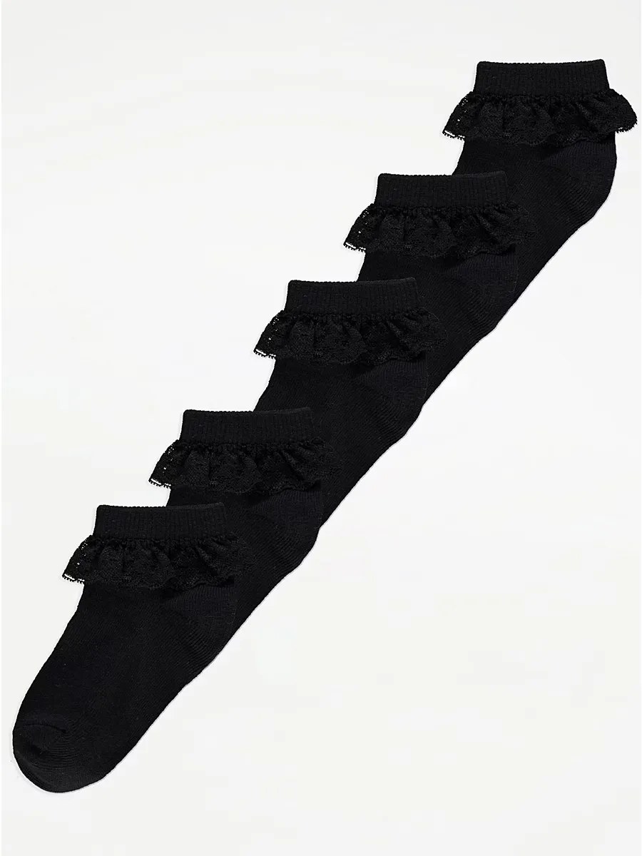 Black Lace Top Cotton Rich Ankle Socks 5 Pack
