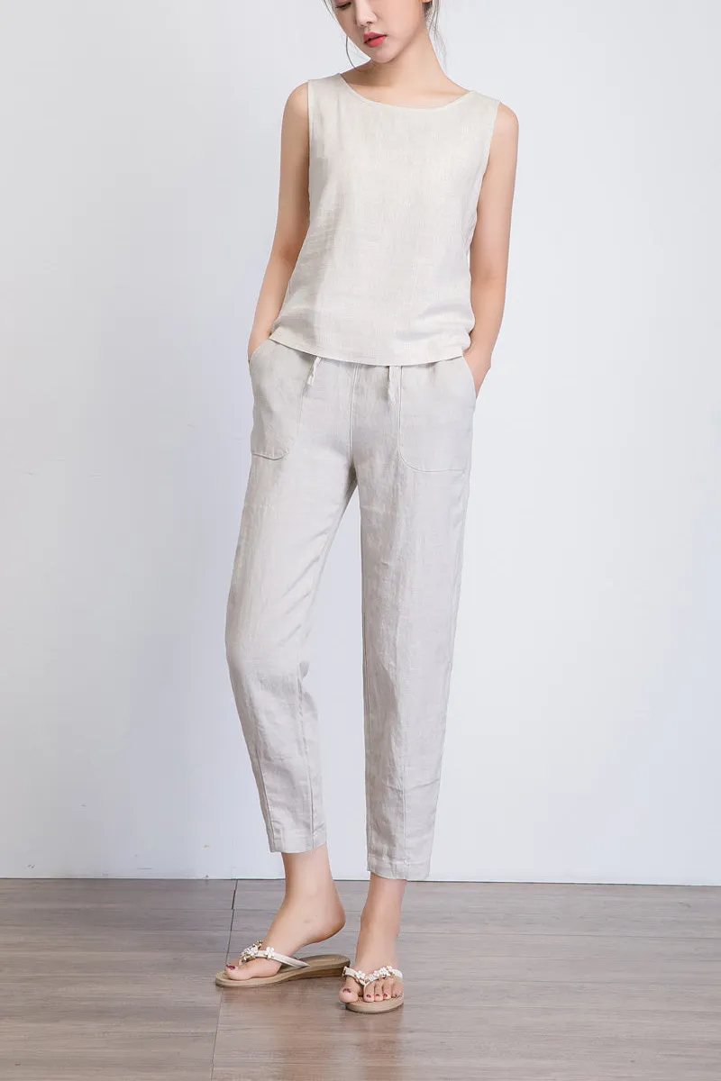Linen Tapered Cropped Drawstring Waist Pocketed Trousers