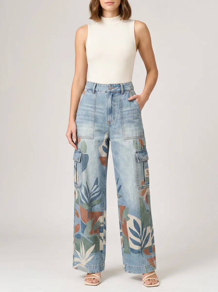 Women's Botanical Art Abstract Leaf Printed Cargo Jeans