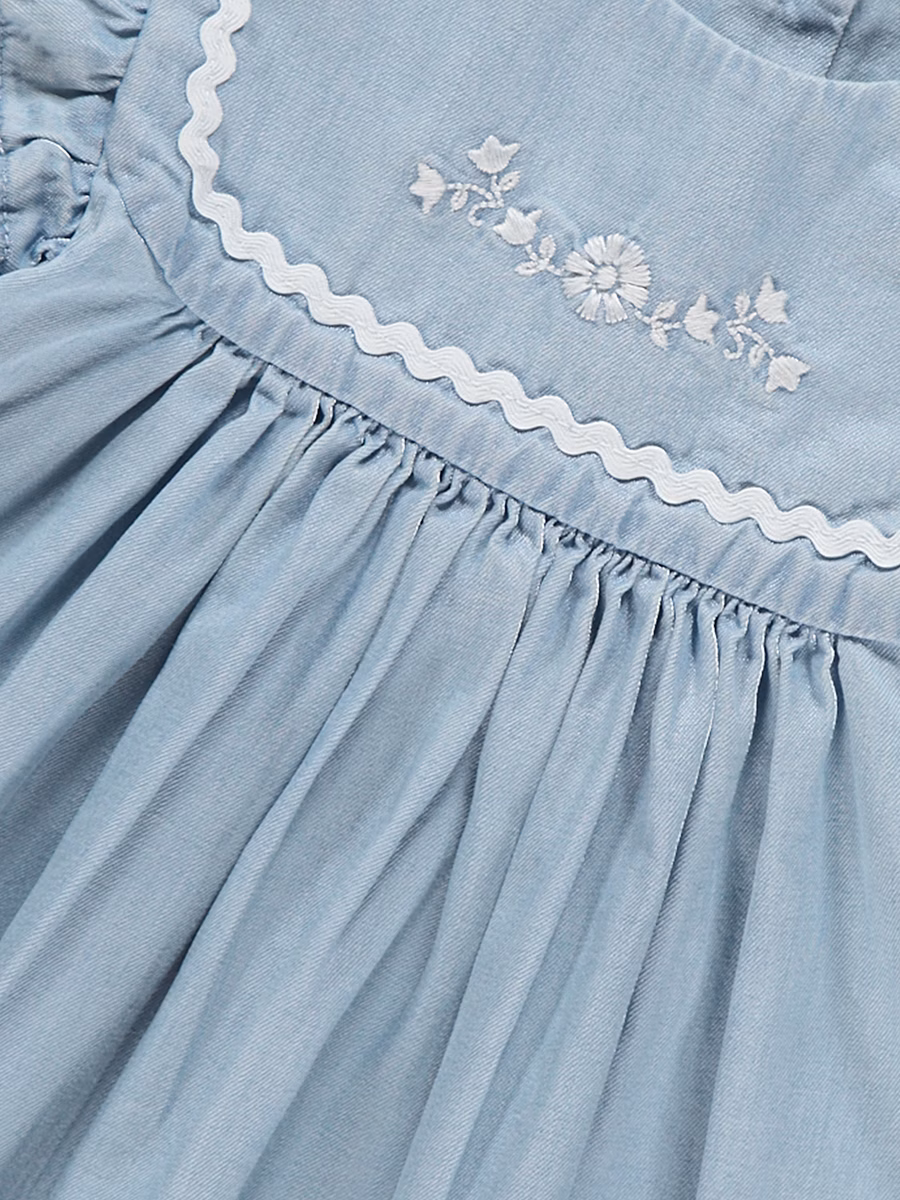 Denim Embroidery Frill Sleeve Ric-Rac Trim Dress detail 1