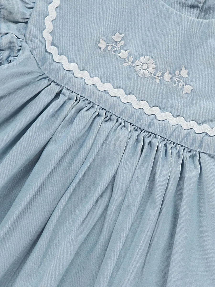 Denim Embroidery Frill Sleeve Ric-Rac Trim Dress