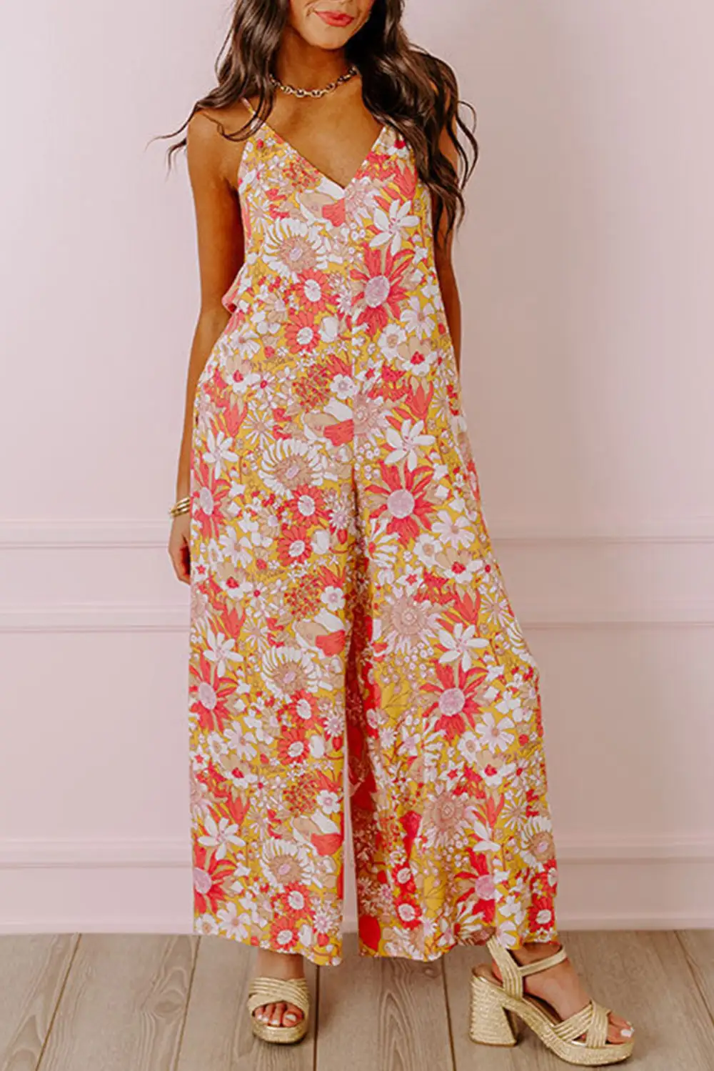 Floral V Neck Wide Leg Sleeveless Jumpsuit