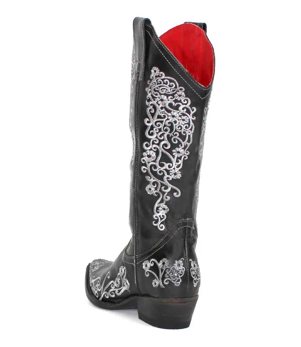 Floral-Stitched Slip-On Western Boots