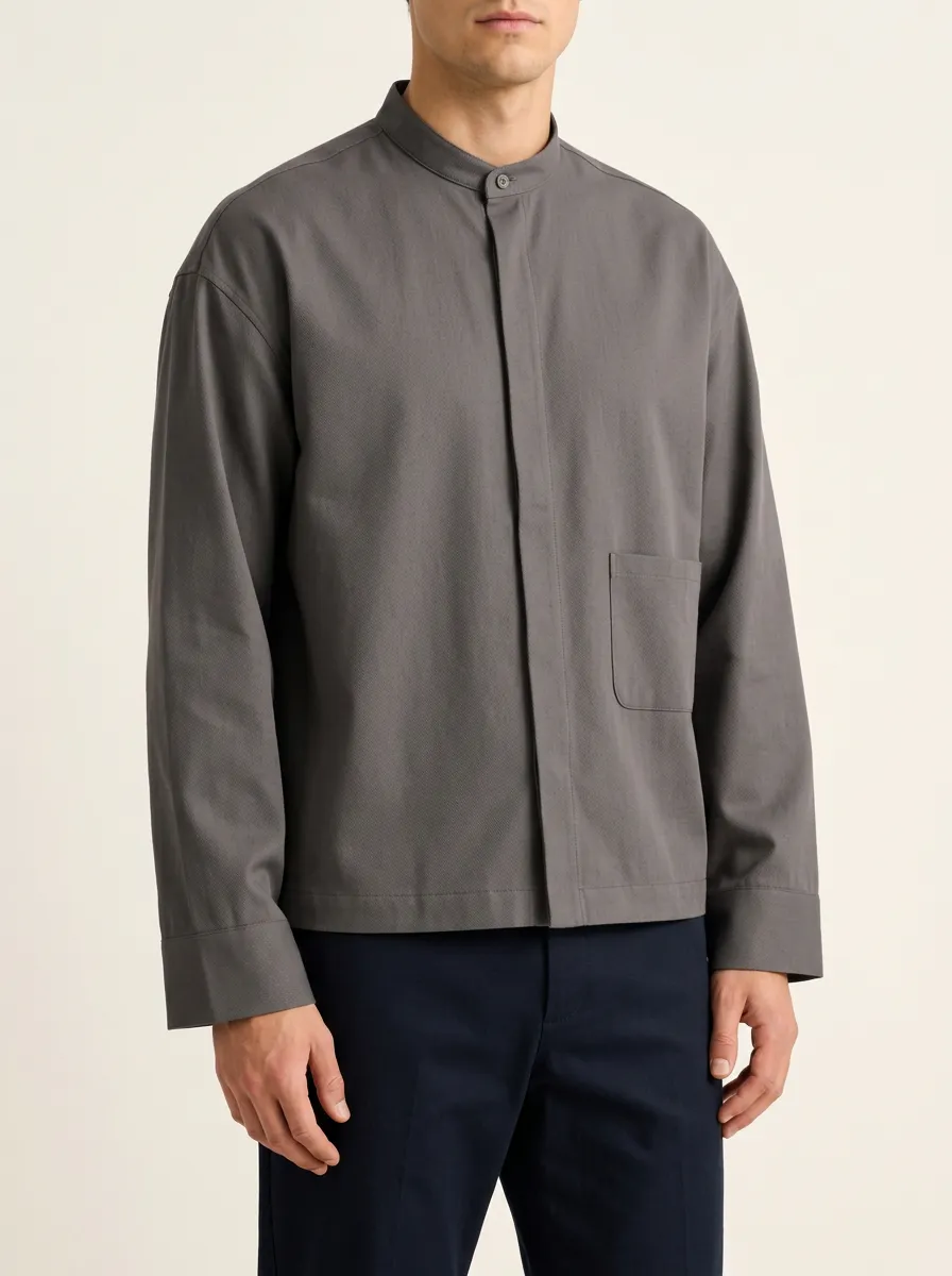 Grey Mandarin Collar Shirt with Plain Detail