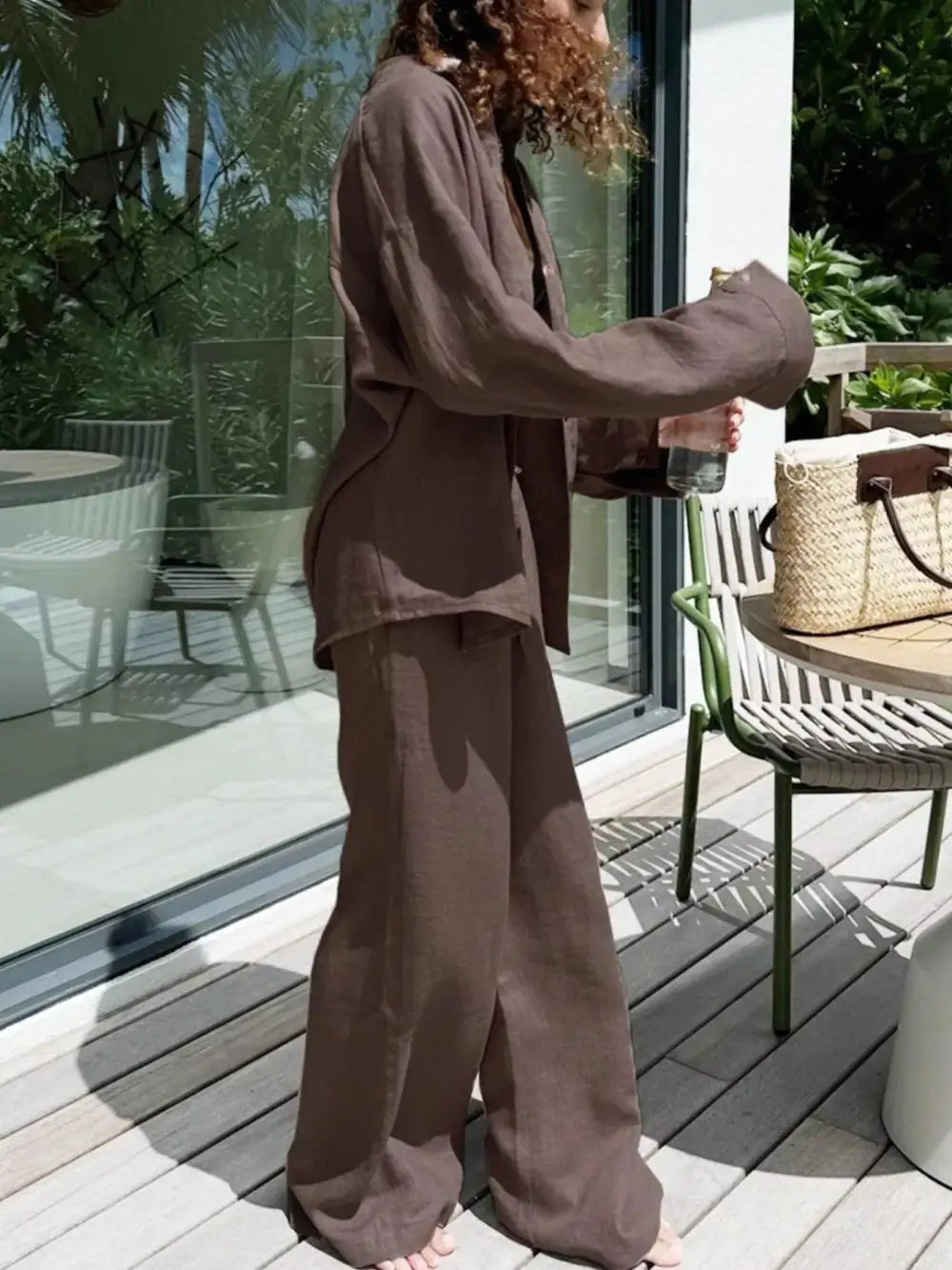 Relaxed Fit Button Up Shirt and Pants Two Piece Set