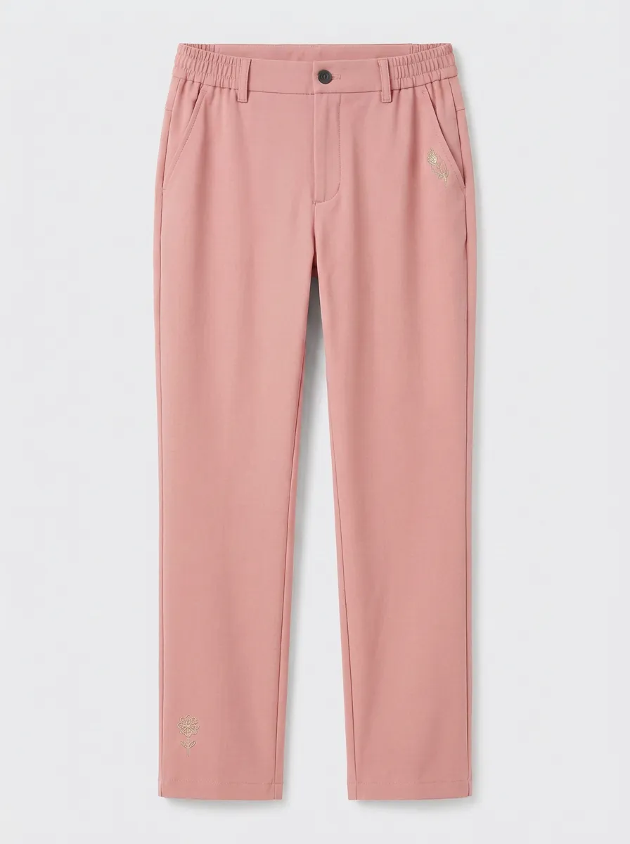 Women's Classic Comfort Feather Flower Printed Mid Rise Straight Leg Pants