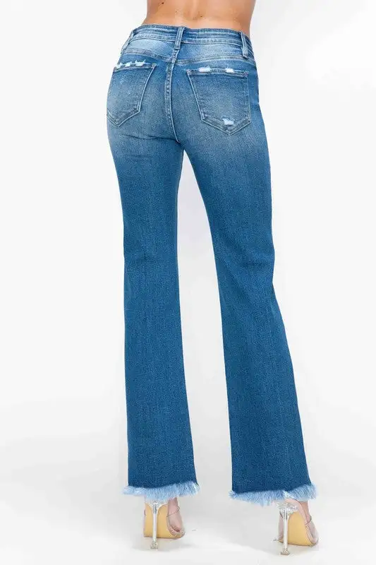 Mid-Rise Raw-Hem Distressed Washed Straight Leg Jeans