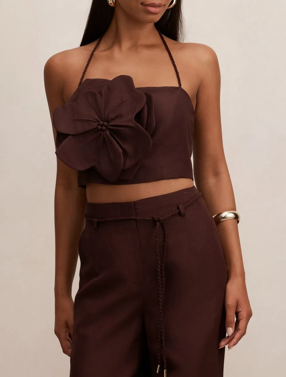 Burgundy Floral Detail Halter Crop Top