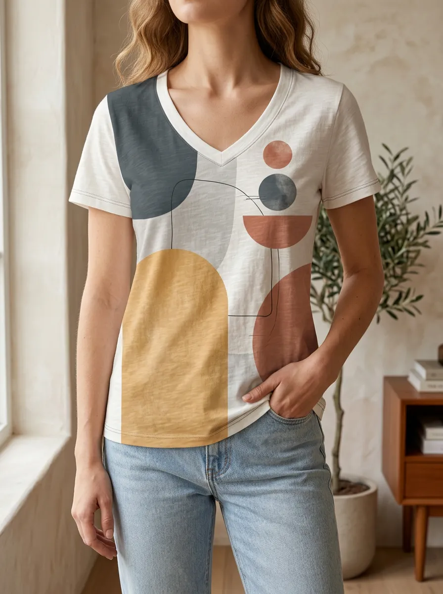 Women's Artful Abstract Geometric Art V-Neck T-Shirt